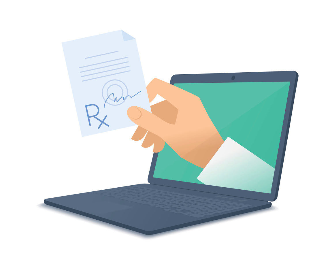 Computer, doctor's hand holding rx. Medic through the laptop screen giving the prescription to patient. Tele, online, remote medicine concept. Vector flat isolated illustration on white background.