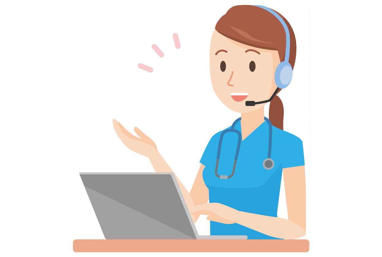 Illustration in which a nurse wearing a blue scrub is talking with a headset