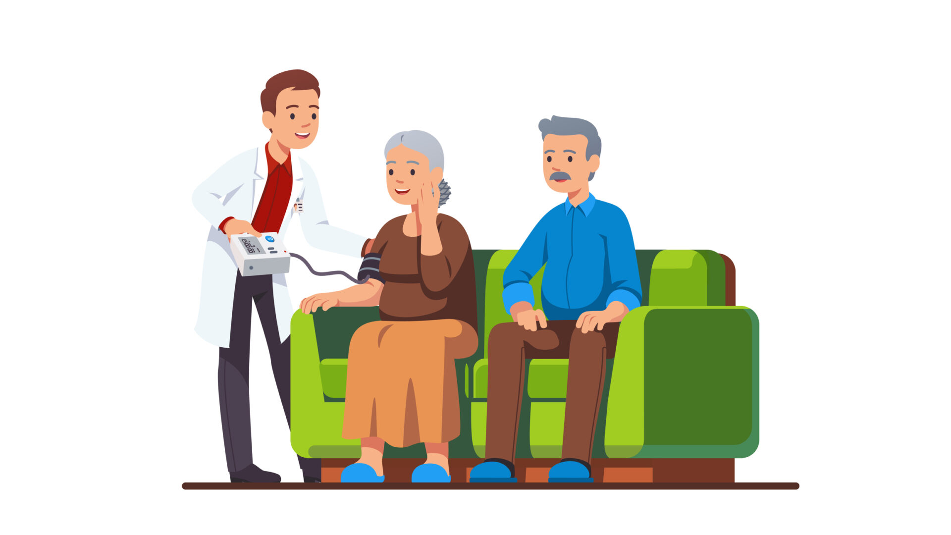 Doctor or nurse visiting elderly people family couple and measuring blood pressure of woman. Old grandmother receiving help &amp; care in monitoring her health at home. Flat style vector character illustration