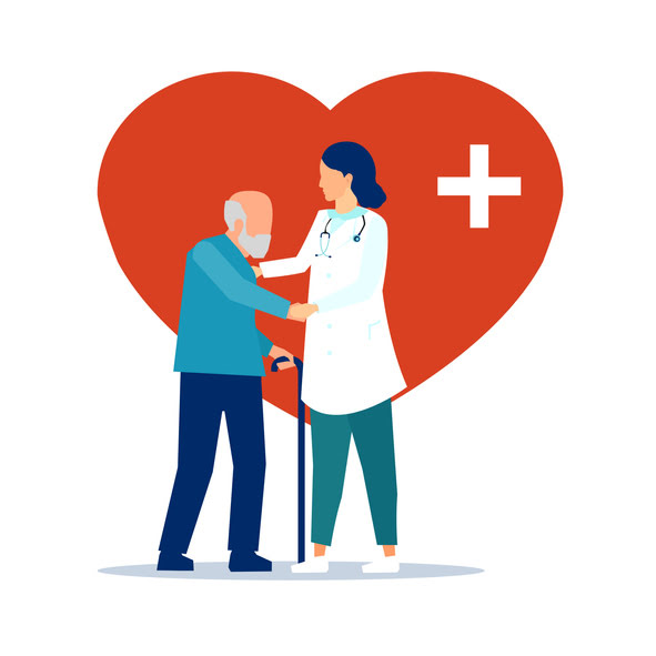 Vector of a female doctor taking care of a senior patient, elderly man