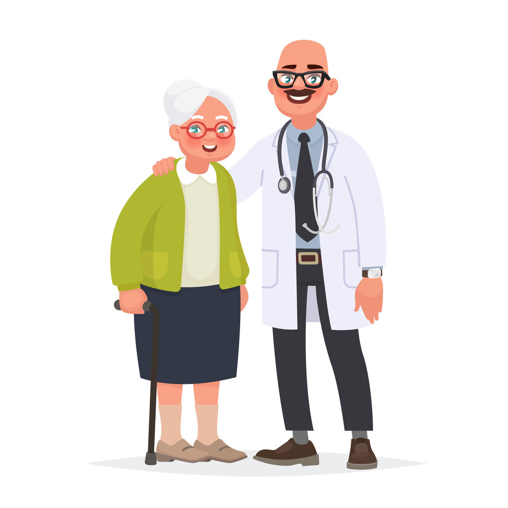Doctor and an elderly patient. Grandmother and medical worker. Caring for health at an advanced age. Vector illustration in cartoon style