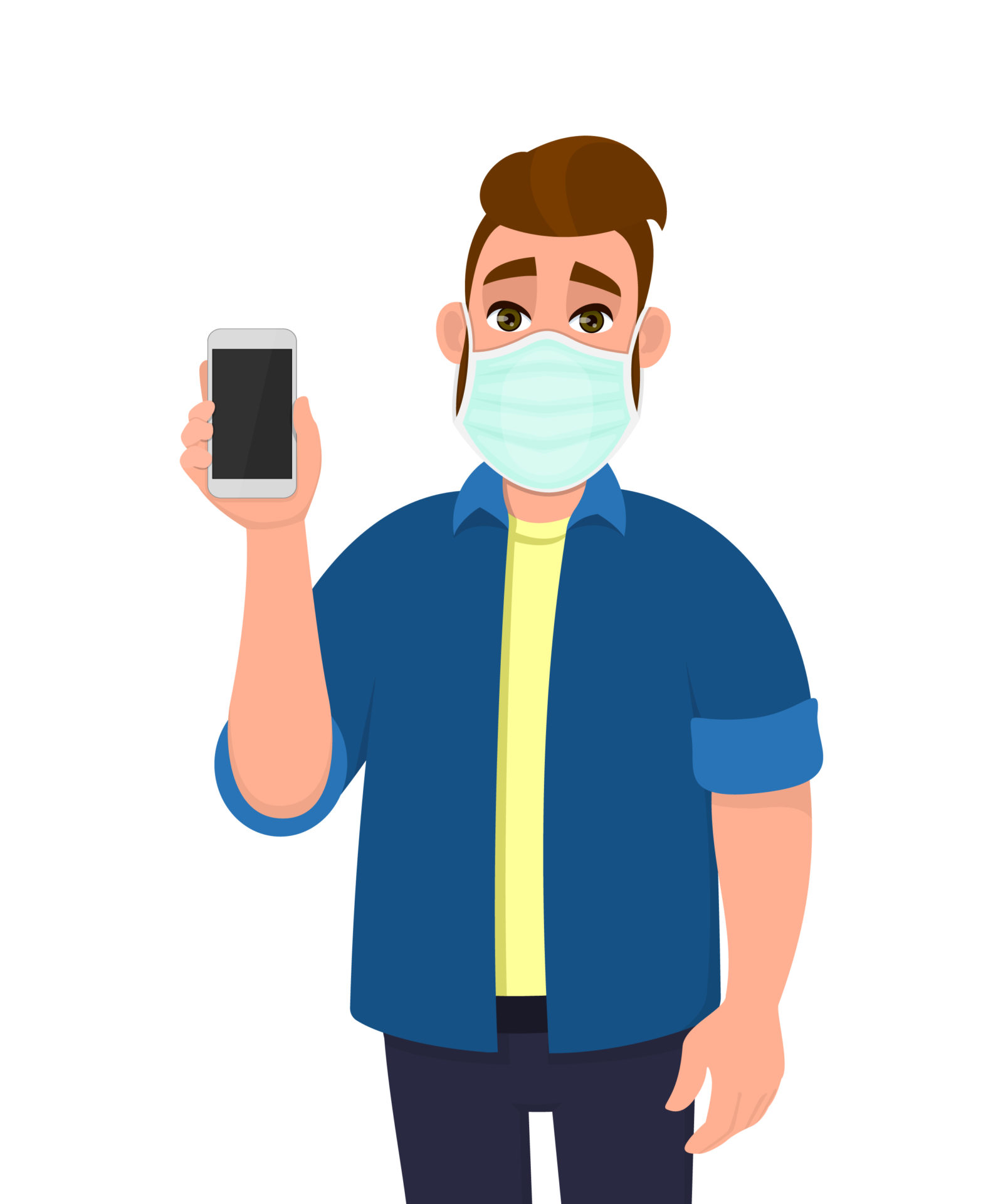 Young,Hipster,Man,Wearing,Medical,Mask,And,Showing,Phone.,Trendy